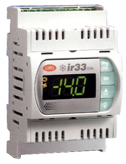 Контроллер IR33 DIN, питание 230В АС, монтаж на DIN-рейку, 4 реле: компрессор (2Hp), оттайка (16A), вентилятор (8A), Aux (8A), часы реального времени